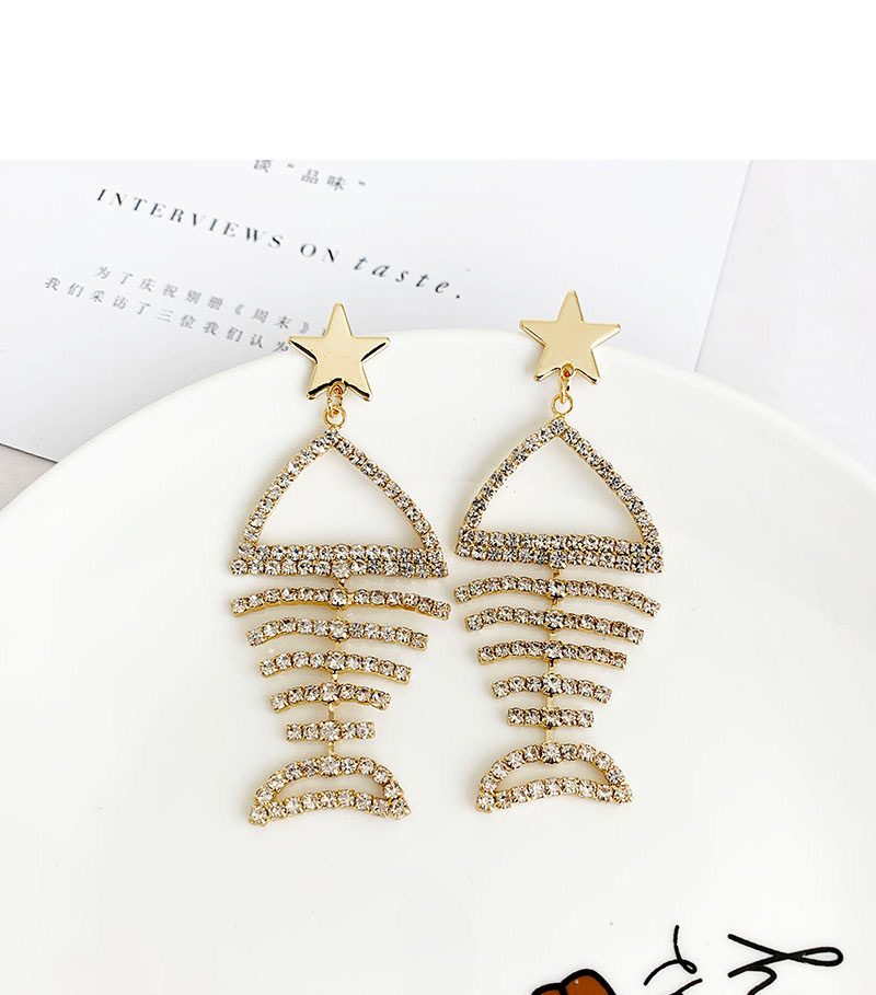 Fashion Colored Gold Alloy Studded Fish Bone Earrings,Drop Earrings