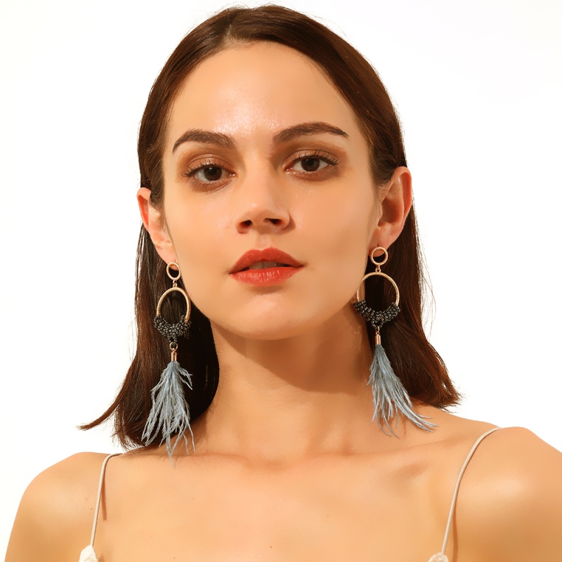 Fashion Gray-blue Alloy Rice Beads Feather Earrings,Drop Earrings