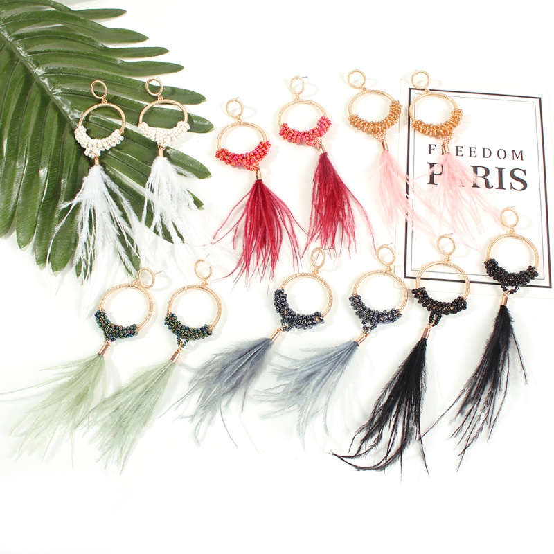 Fashion Red Alloy Rice Beads Feather Earrings,Drop Earrings