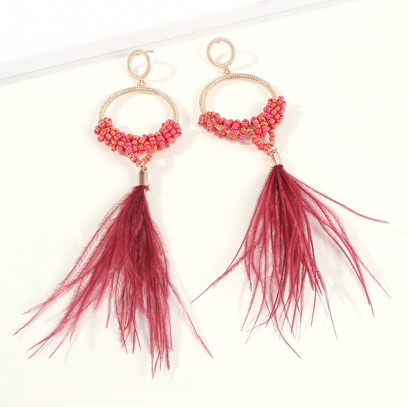 Fashion Red Alloy Rice Beads Feather Earrings,Drop Earrings