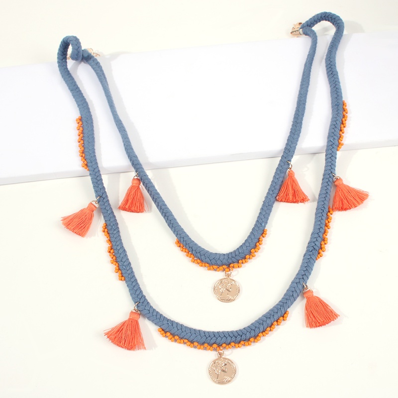 Fashion Blue Alloy Rice Beads Tassel Necklace,Multi Strand Necklaces