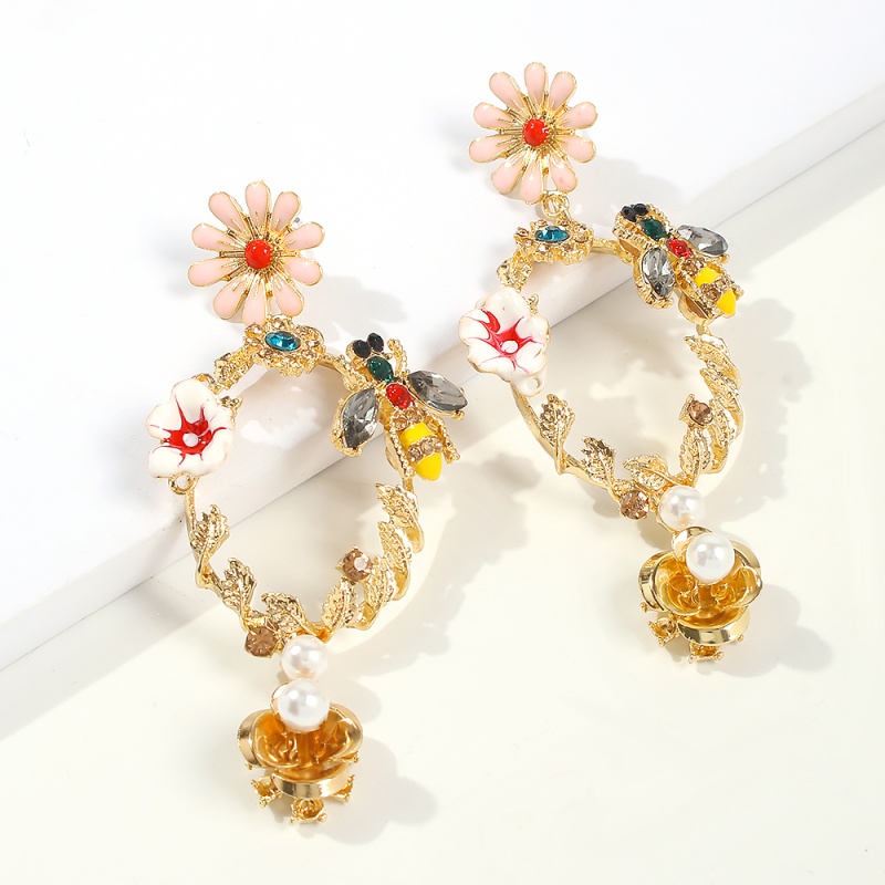 Fashion Gold Alloy Rhinestone Pearl Flower Earrings,Drop Earrings