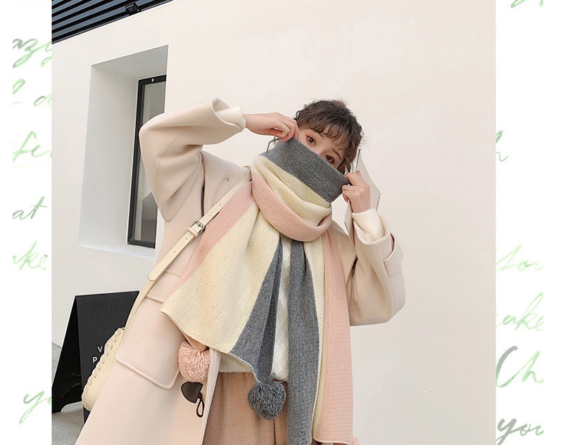 Fashion Rice Red Ash Hanging Ball Thickening Stripe Color Matching Double-sided Shawl Scarf,Thin Scaves