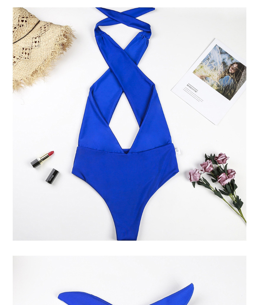 Fashion Blue Cross-hanging Neck Openwork Bandage One-piece Swimsuit,One Pieces