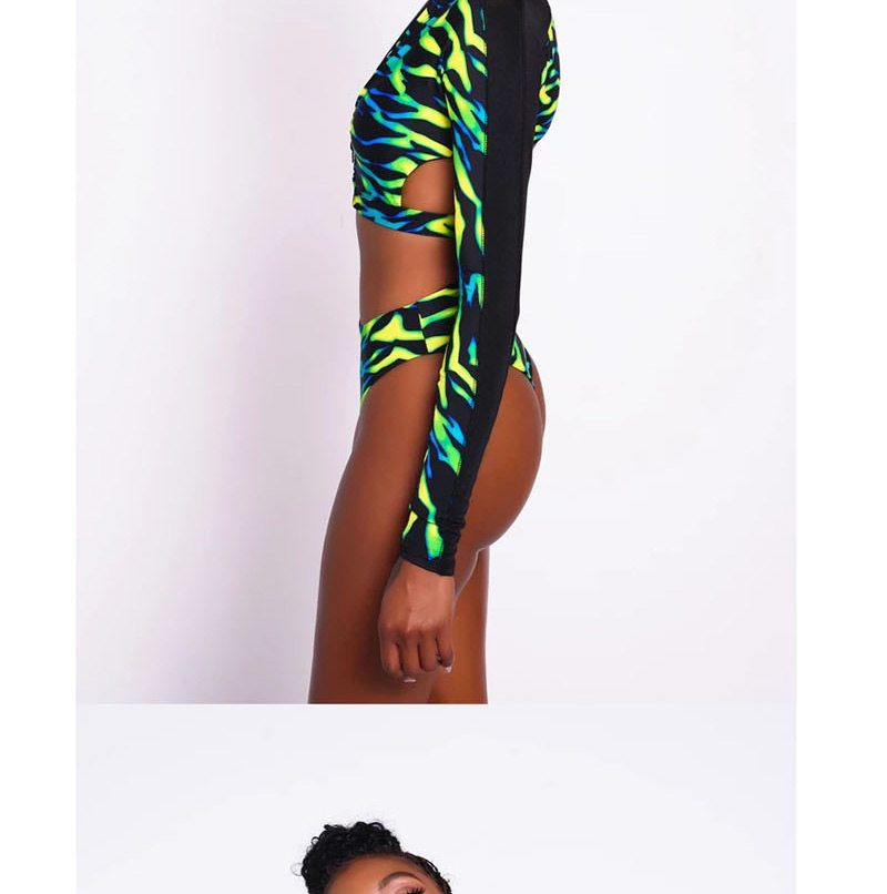 Fashion Green Printed Backless Zipper Split Swimsuit,Swimwear Sets