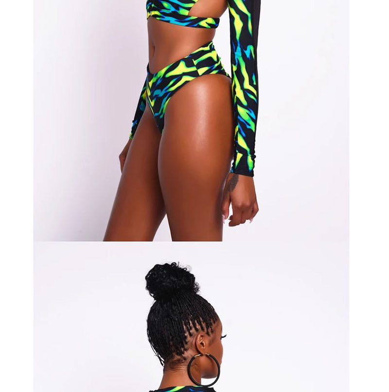 Fashion Green Printed Backless Zipper Split Swimsuit,Swimwear Sets