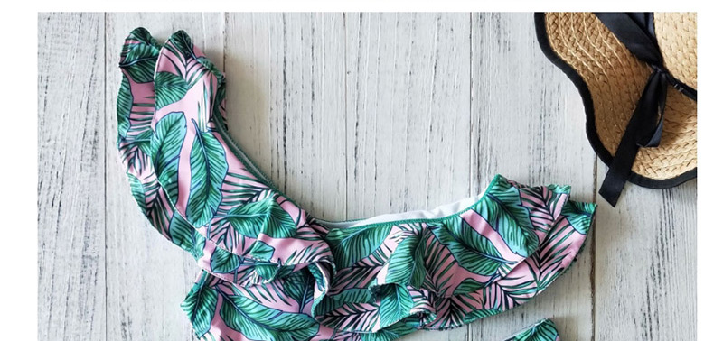 Fashion Green Ruffled Print Off-shoulder Tube Top Swimsuit,Swimwear Sets
