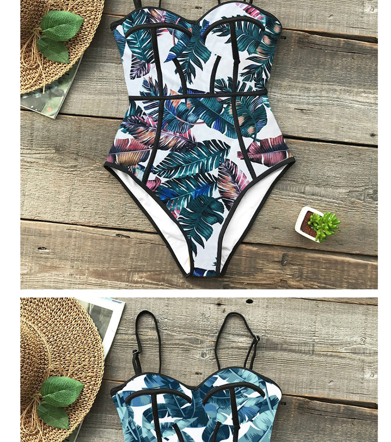 Fashion Green Leaves On White Strap Tube Top Triangle One-piece Swimsuit,One Pieces