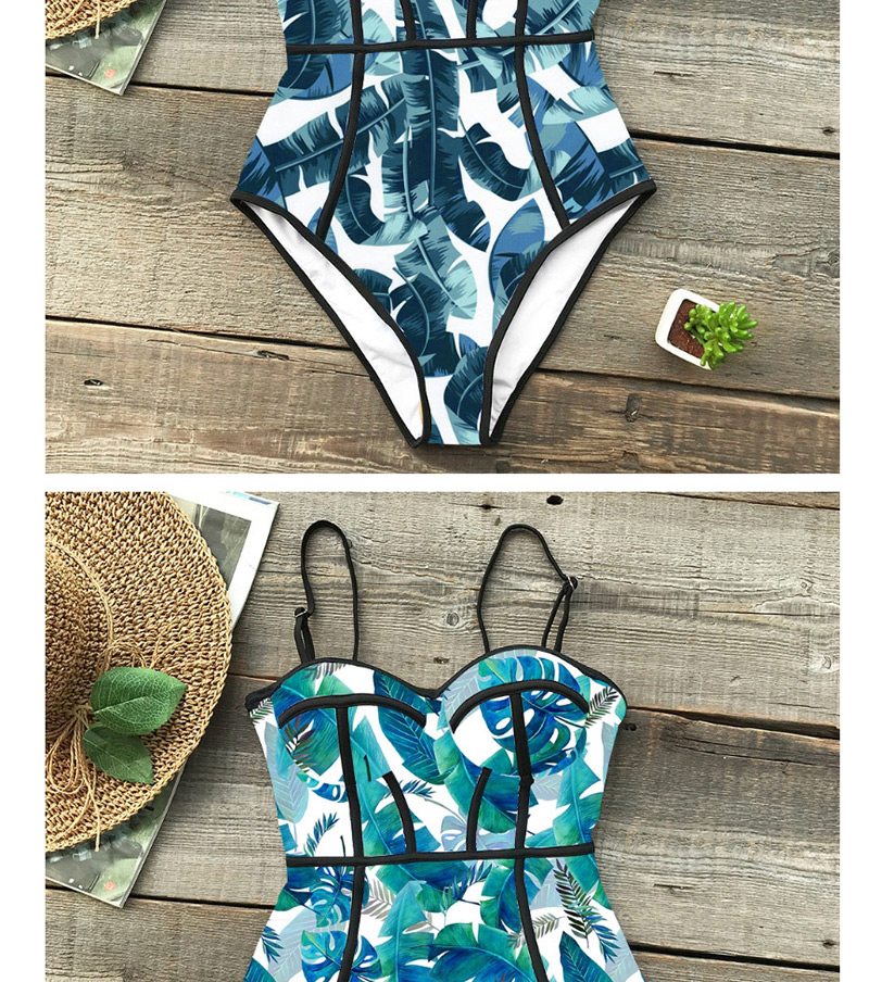 Fashion Green Leaves On White Strap Tube Top Triangle One-piece Swimsuit,One Pieces