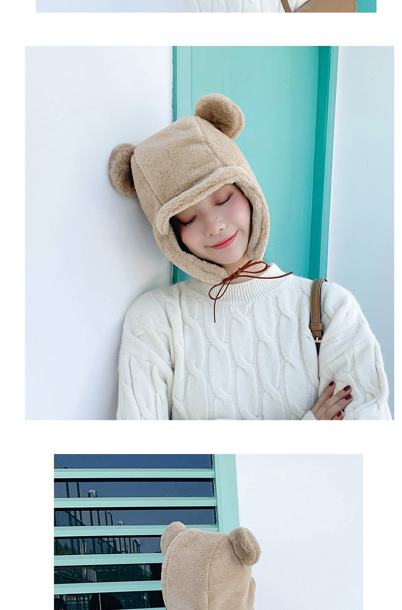 Fashion Bear Ear Leather Rope Baotou Cap Apricot Powder Bear Ear Earmuffs Plush Cap,Beanies&Others