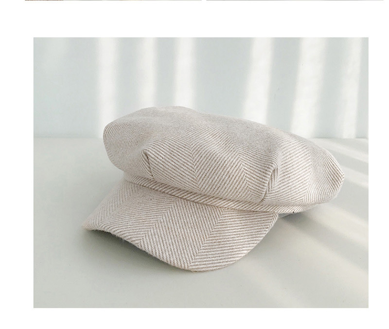Fashion Pleated Octagonal Beige Striped Flat Top Cotton Beret,Beanies&Others