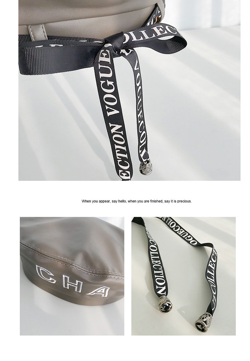 Fashion Cha Ribbon Black Pu Leather Letter Ribbon Beret,Beanies&Others