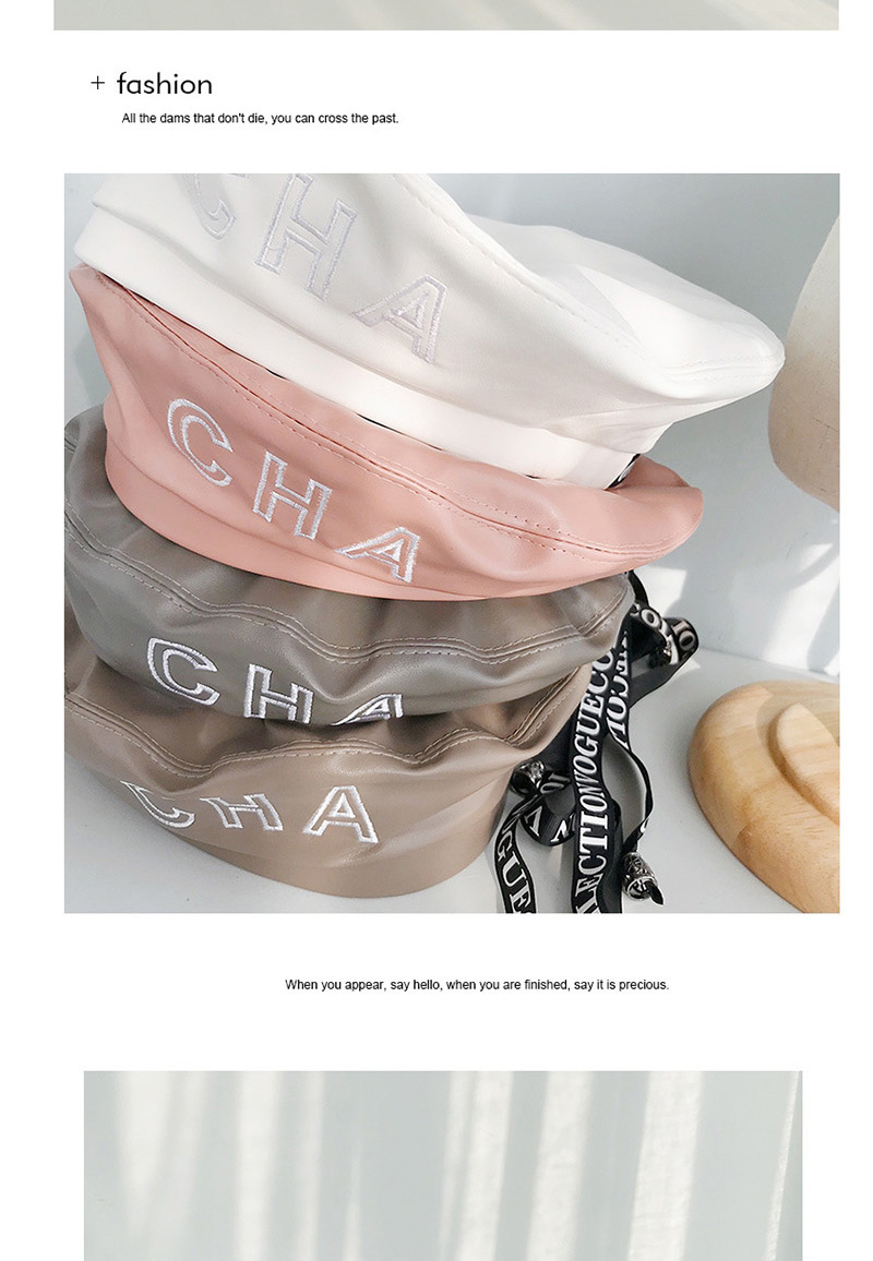 Fashion Cha Ribbon White Pu Leather Letter Ribbon Beret,Beanies&Others
