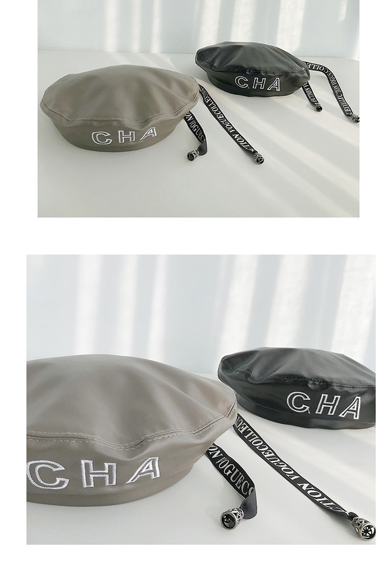 Fashion Cha Ribbon Gray Pu Leather Letter Ribbon Beret,Beanies&Others