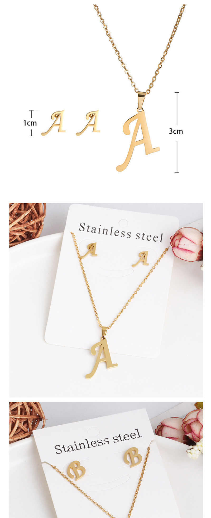 Fashion D Gold Stainless Steel Letter Necklace Earrings Two-piece,Jewelry Sets