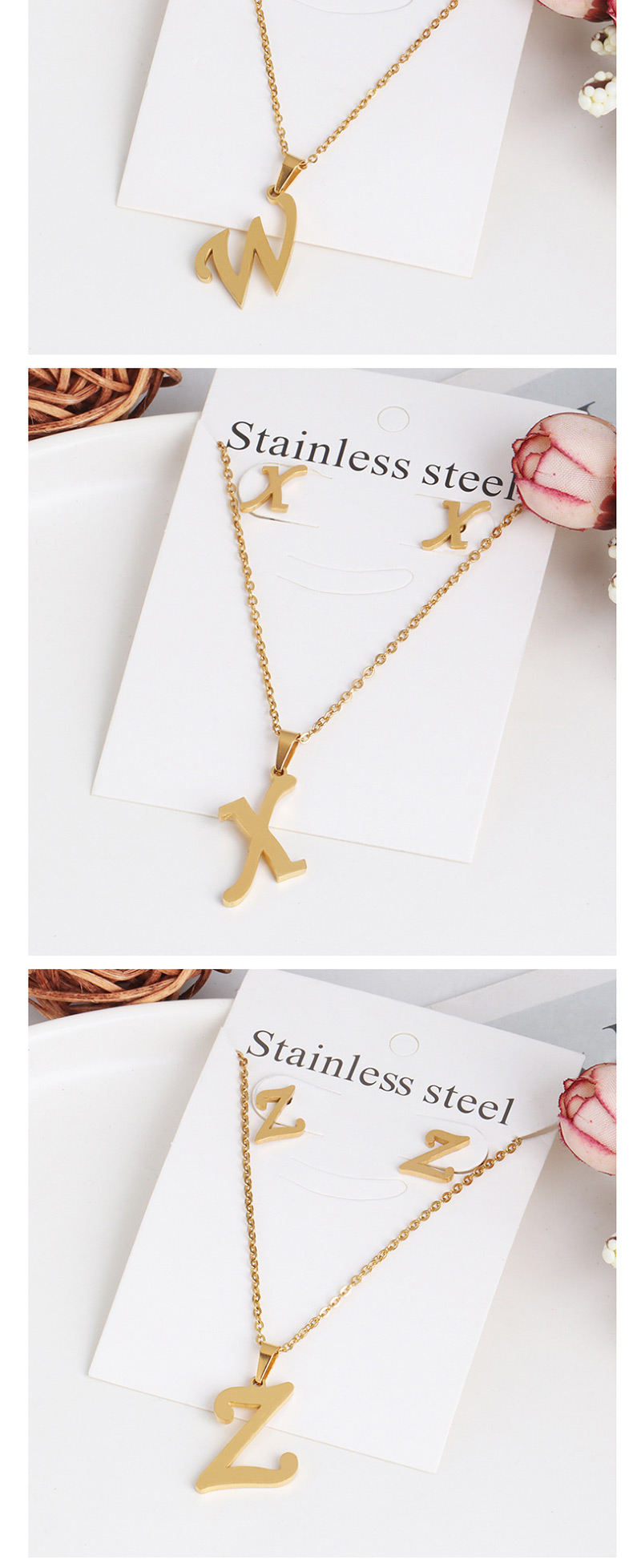 Fashion V Gold Stainless Steel Letter Necklace Earrings Two-piece,Jewelry Sets