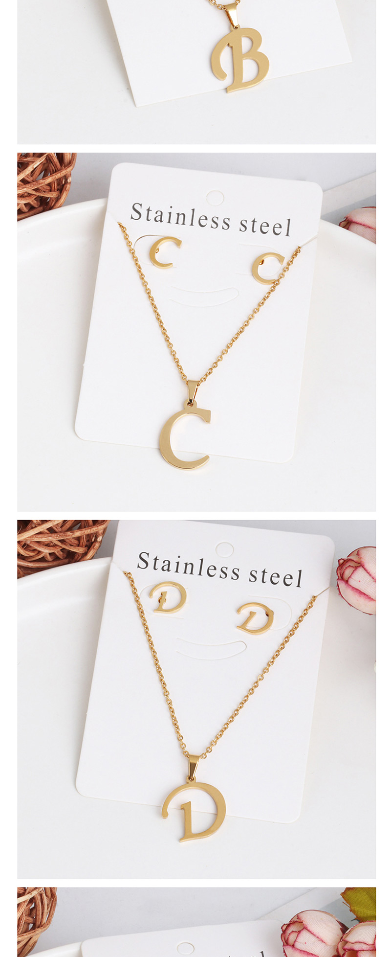 Fashion W Gold Stainless Steel Letter Necklace Earrings Two-piece,Jewelry Sets