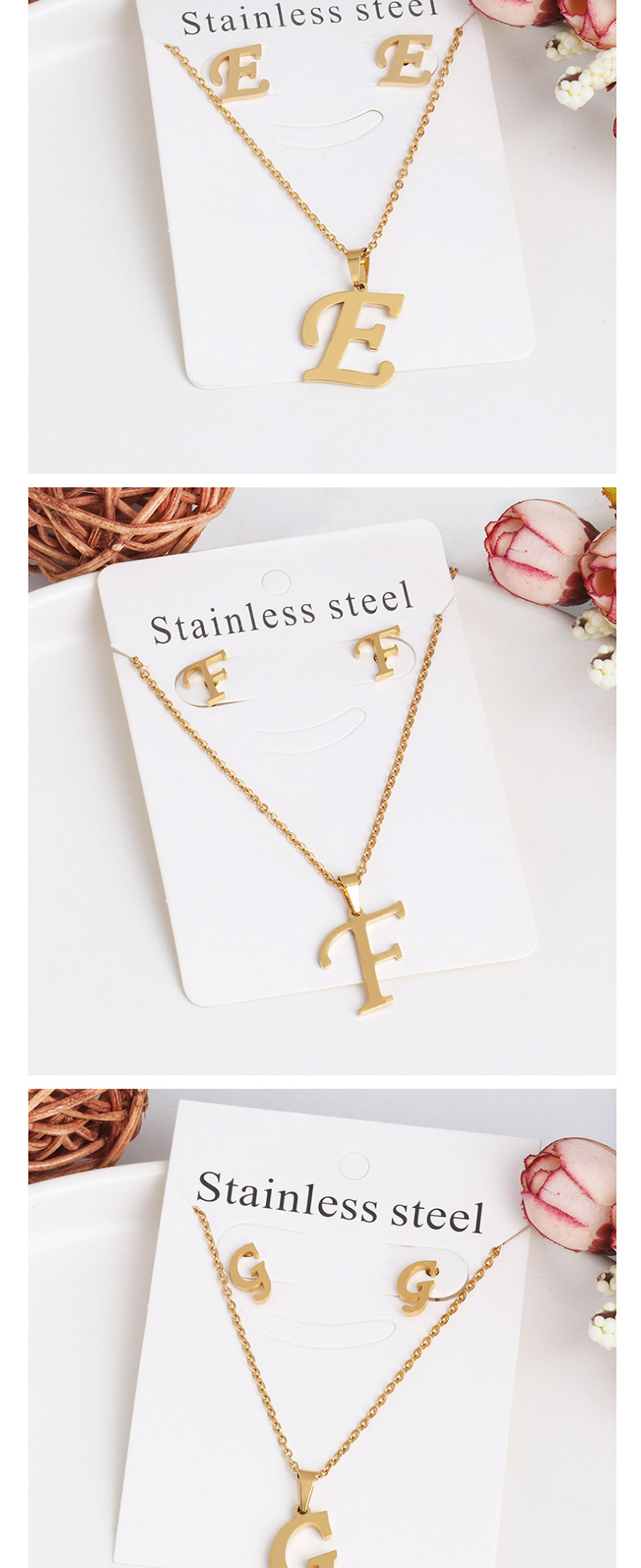 Fashion U Gold Stainless Steel Letter Necklace Earrings Two-piece,Jewelry Sets