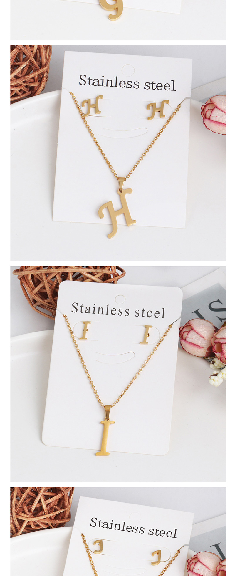 Fashion S Gold Stainless Steel Letter Necklace Earrings Two-piece,Jewelry Sets