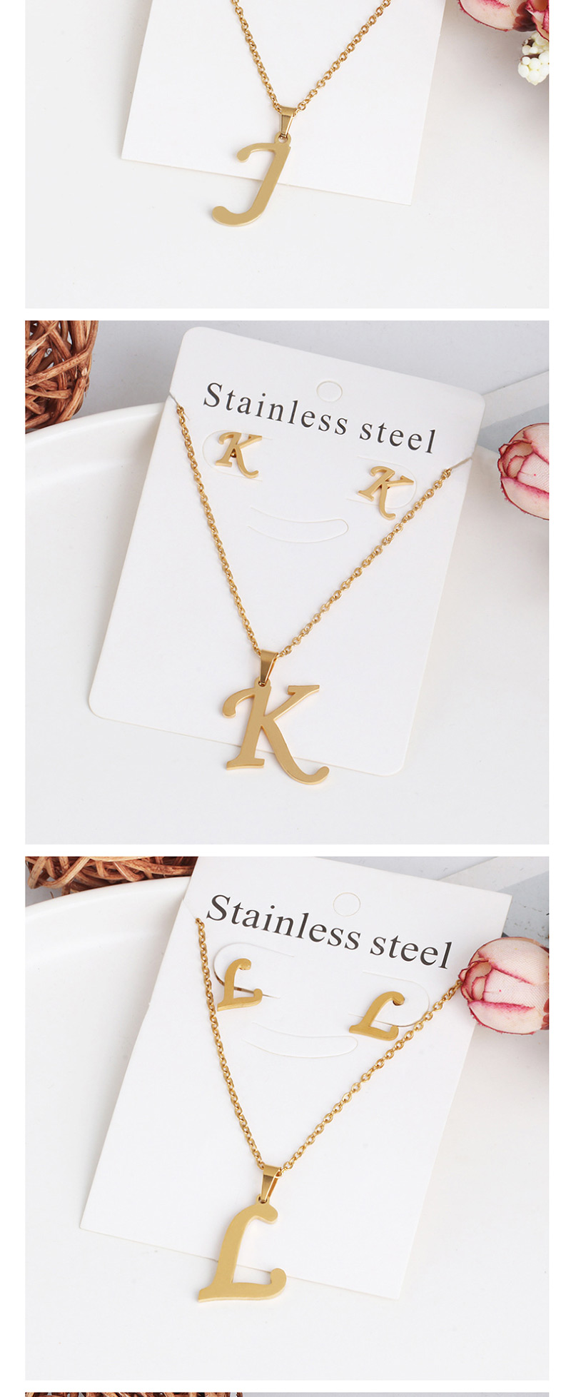 Fashion T Golden Stainless Steel Letter Necklace Earrings Two-piece,Jewelry Sets