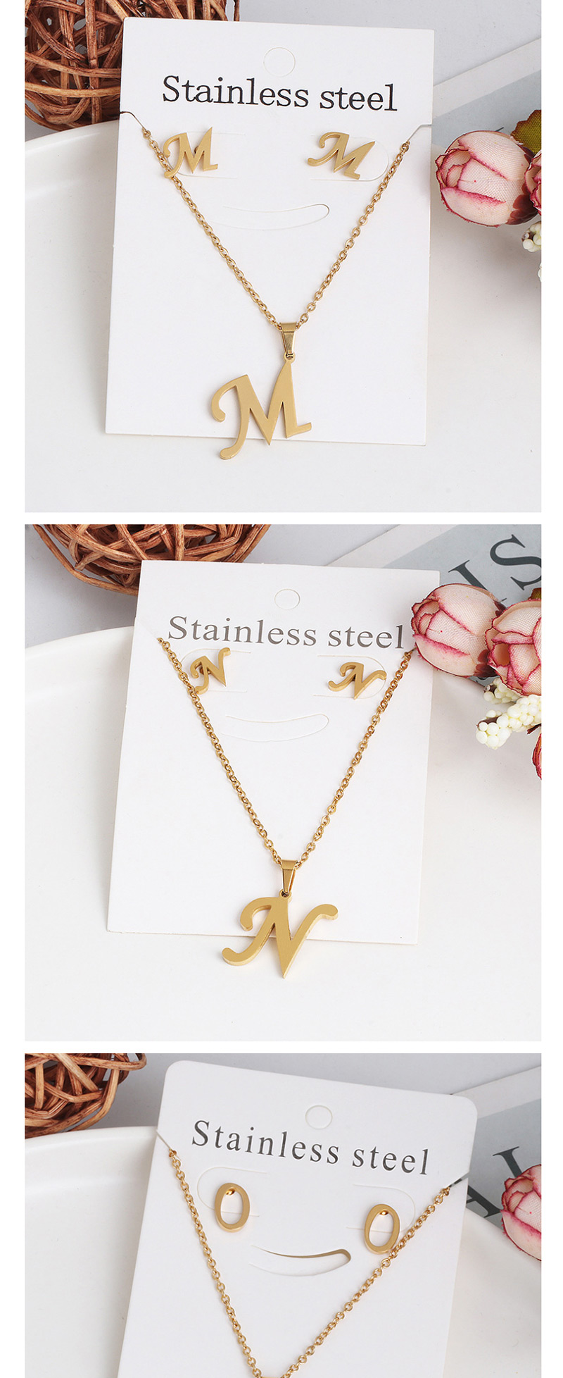 Fashion L Gold Stainless Steel Letter Necklace Earrings Two-piece,Jewelry Sets