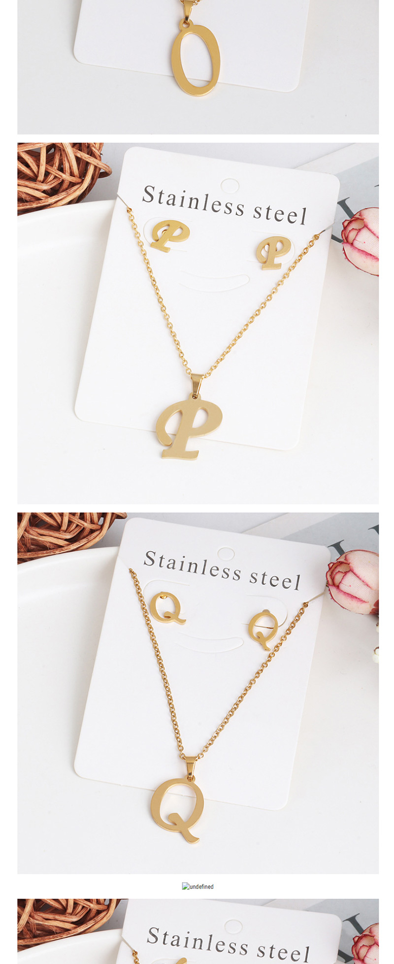 Fashion B Gold Stainless Steel Letter Necklace Earrings Two-piece,Jewelry Sets