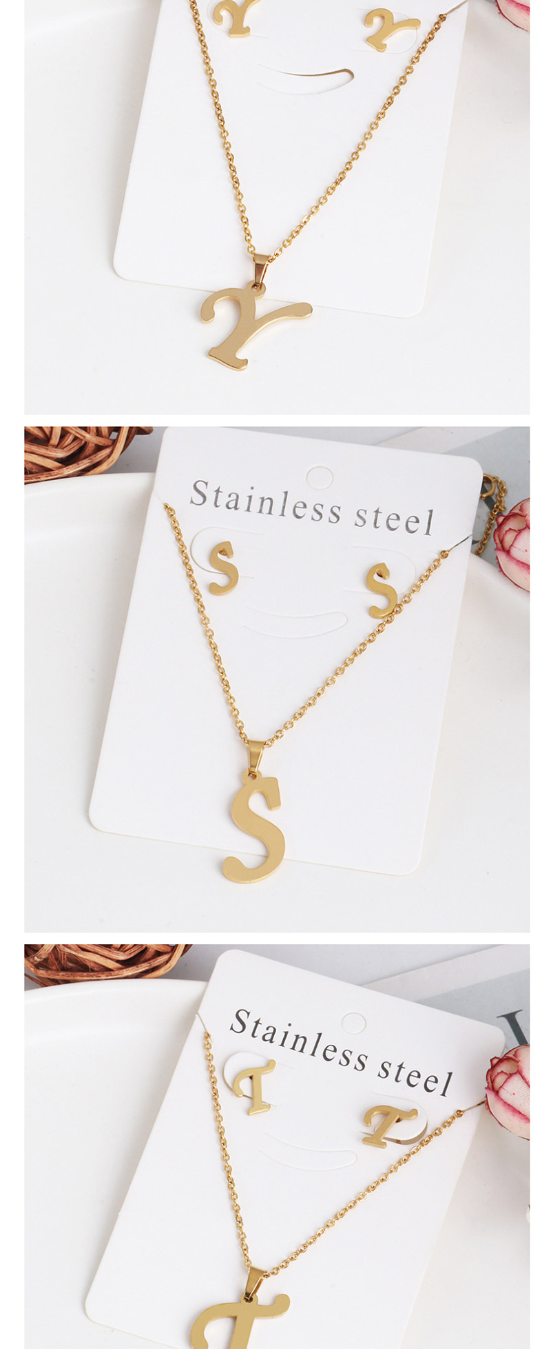 Fashion T Golden Stainless Steel Letter Necklace Earrings Two-piece,Jewelry Sets