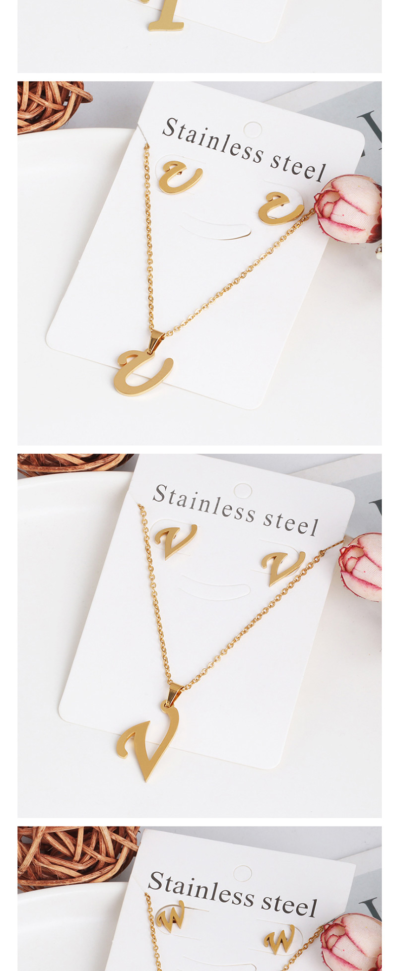 Fashion L Gold Stainless Steel Letter Necklace Earrings Two-piece,Jewelry Sets