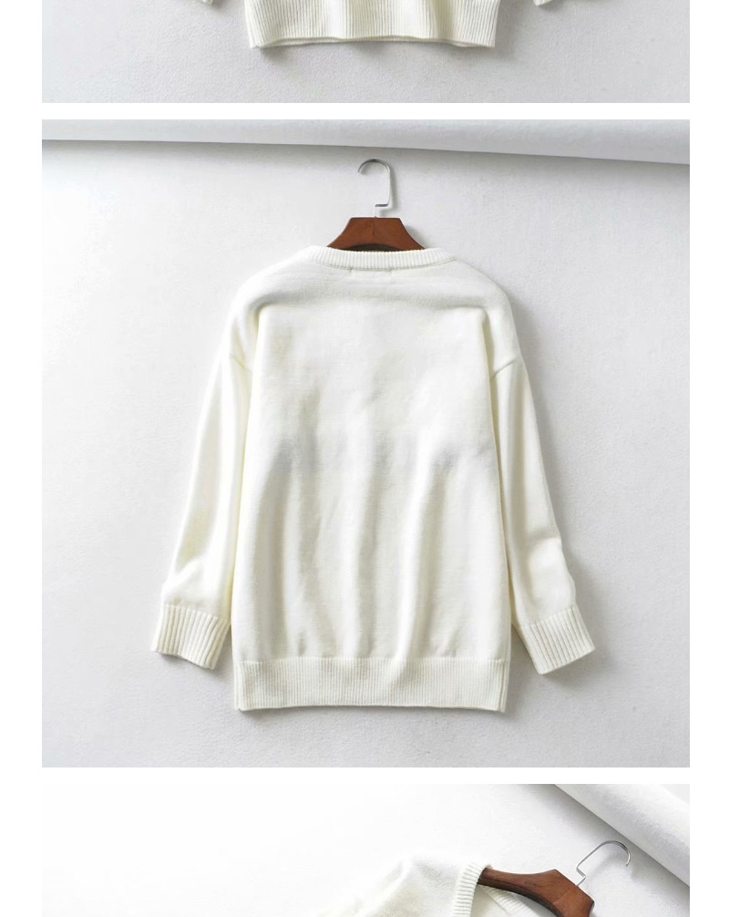Fashion White Jacquard Stitching V-neck Sweater,Sweater