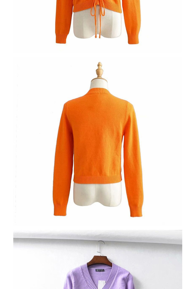 Fashion Orange V-neck Drawstring Pleated Sweater,Sweater