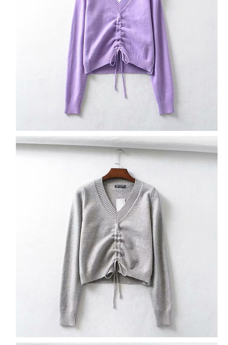 Fashion Purple V-neck Drawstring Pleated Sweater,Sweater