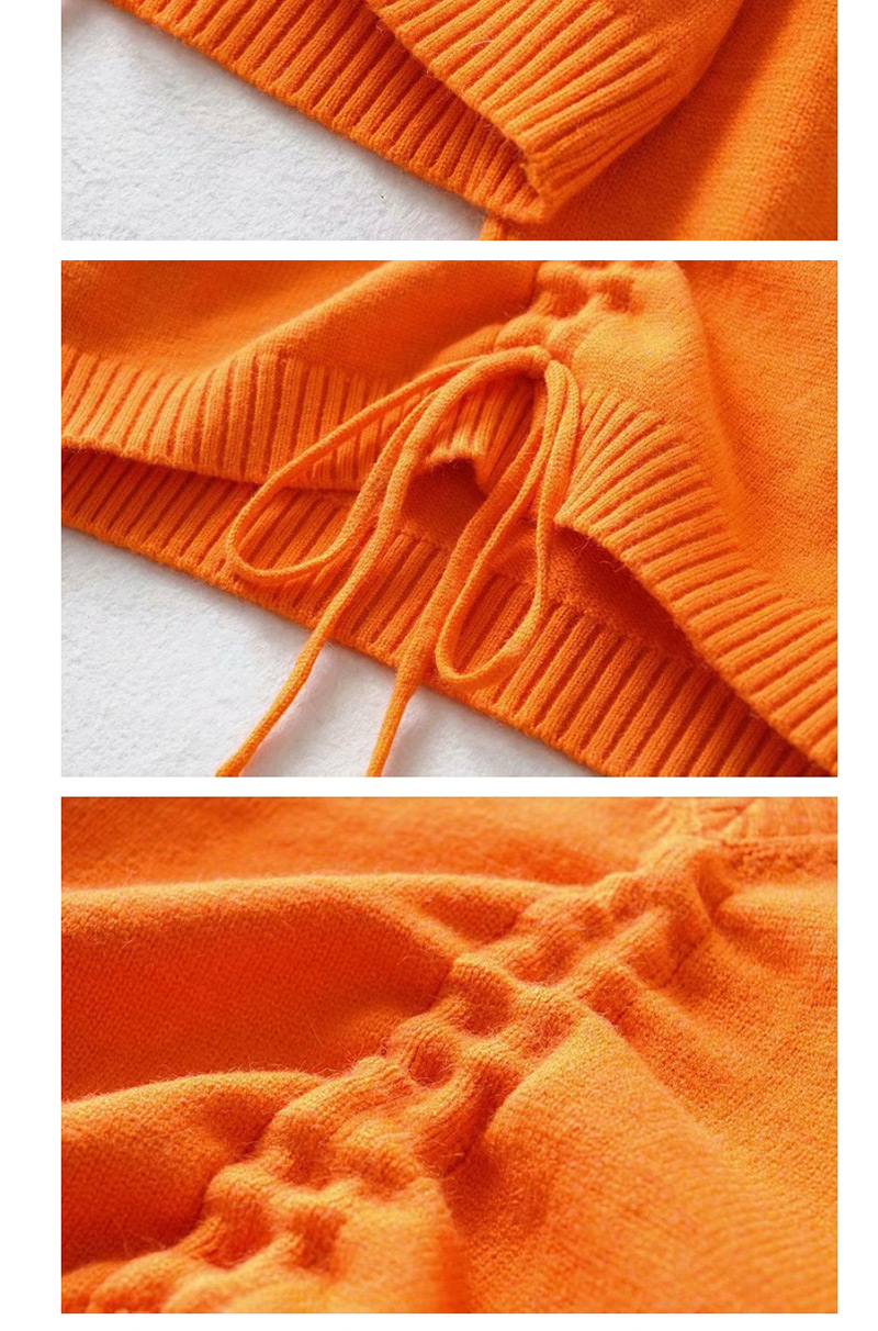 Fashion Orange V-neck Drawstring Pleated Sweater,Sweater