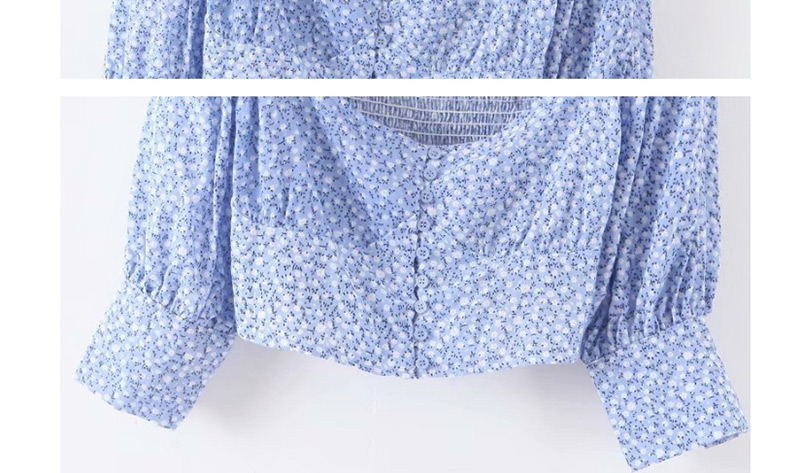 Fashion Blue Square Collar Flower Print Shirt,Blouses