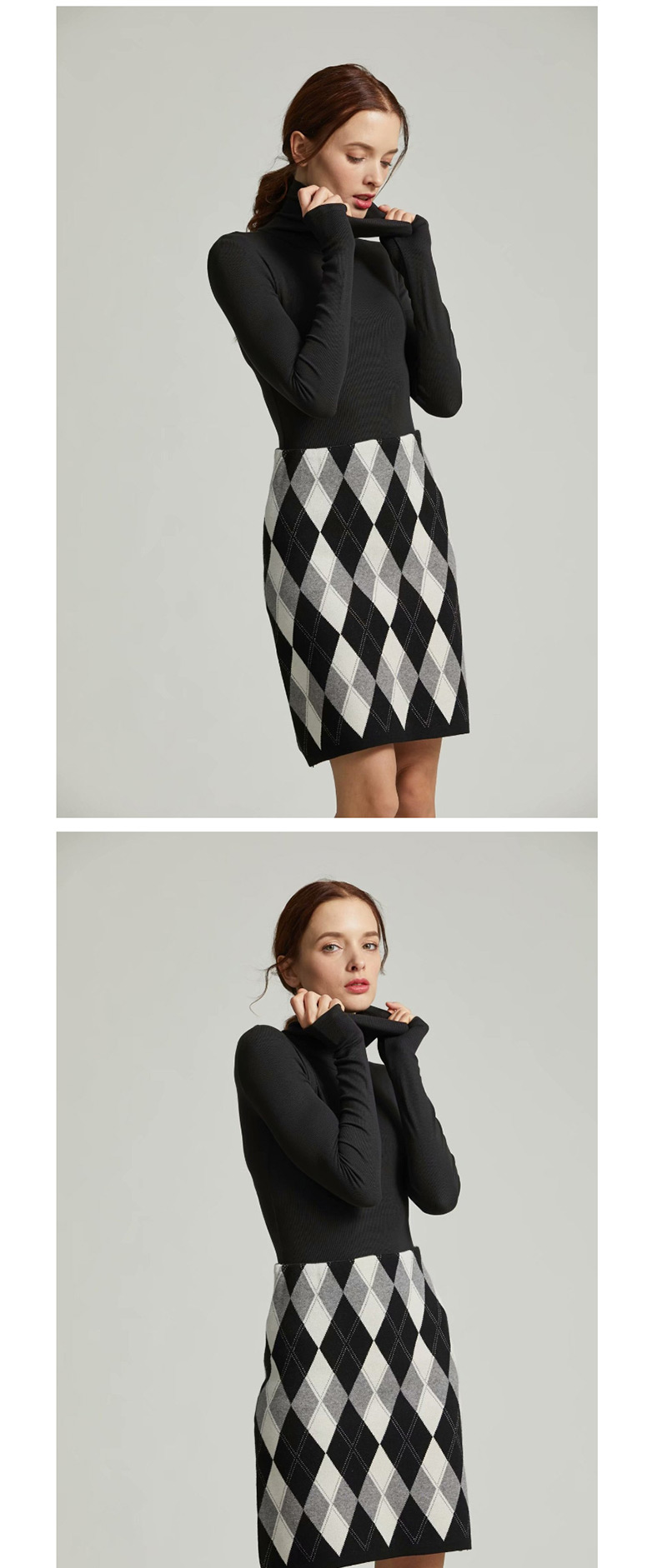 Fashion Black Diamond Lattice Stitching Knit Skirt,Skirts