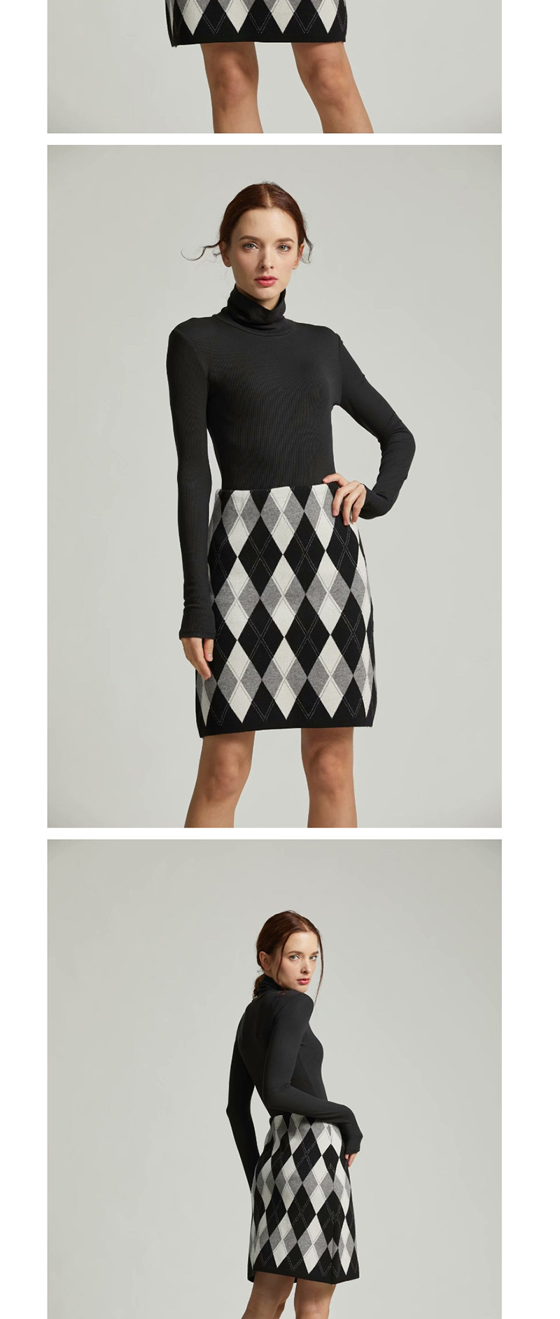 Fashion Black Diamond Lattice Stitching Knit Skirt,Skirts