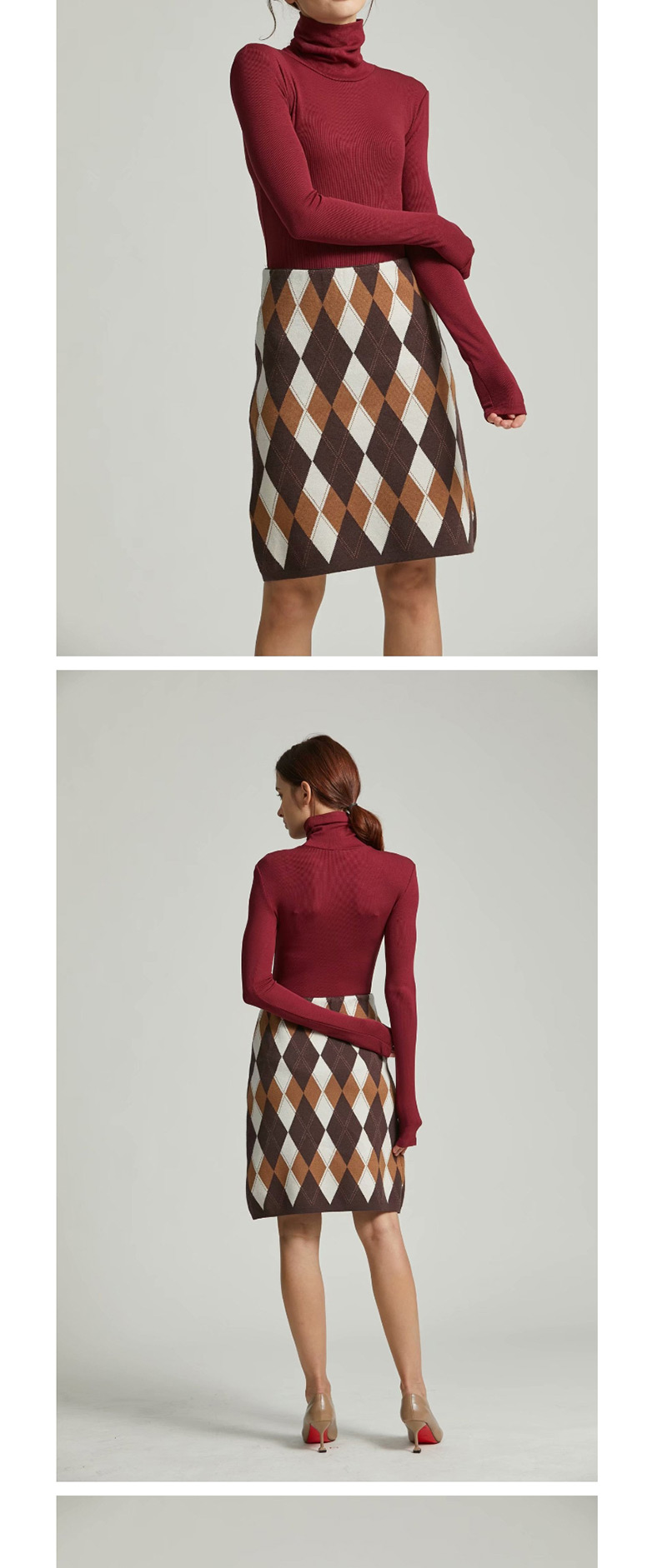 Fashion Coffee Color Diamond Lattice Stitching Knit Skirt,Skirts