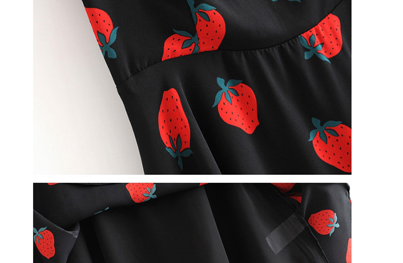 Fashion Black Strawberry Print Shoulder Strap Bow Sling Dress,Mini & Short Dresses
