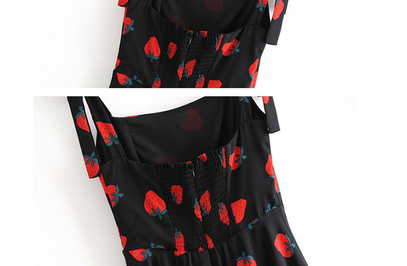 Fashion Black Strawberry Print Shoulder Strap Bow Sling Dress,Mini & Short Dresses