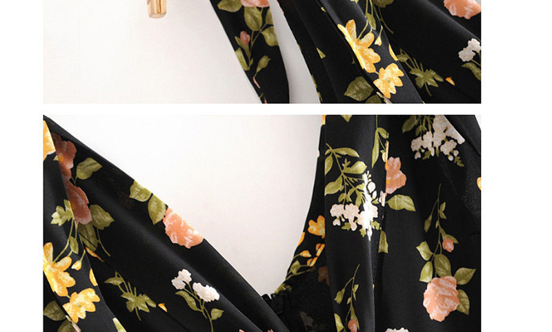 Fashion Black Small Floral Print Front And Back V-neck Strap Hem Split Dress,Long Dress