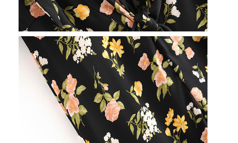 Fashion Black Small Floral Print Front And Back V-neck Strap Hem Split Dress,Long Dress