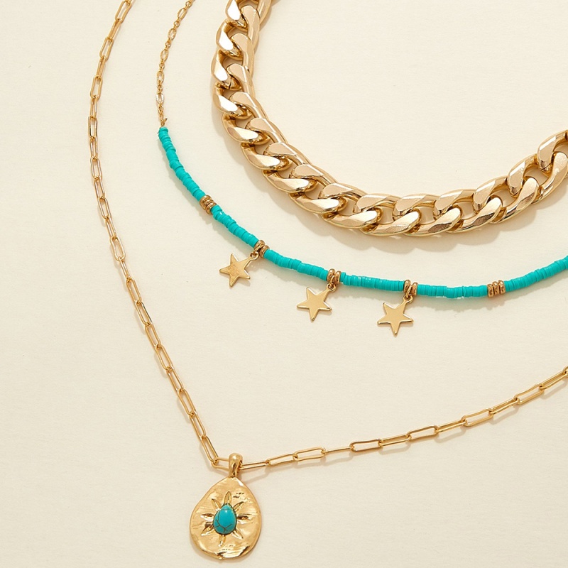 Fashion Blue Alloy Diamond Beaded Star Double Layer Necklace,Multi Strand Necklaces