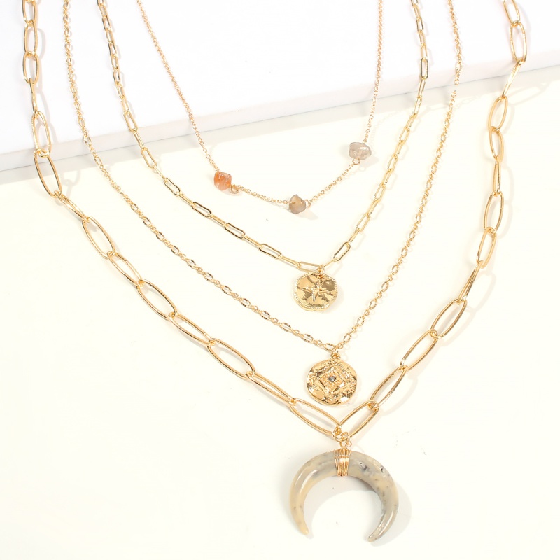 Fashion Gold Alloy Stone Crescent Multilayer Necklace,Multi Strand Necklaces