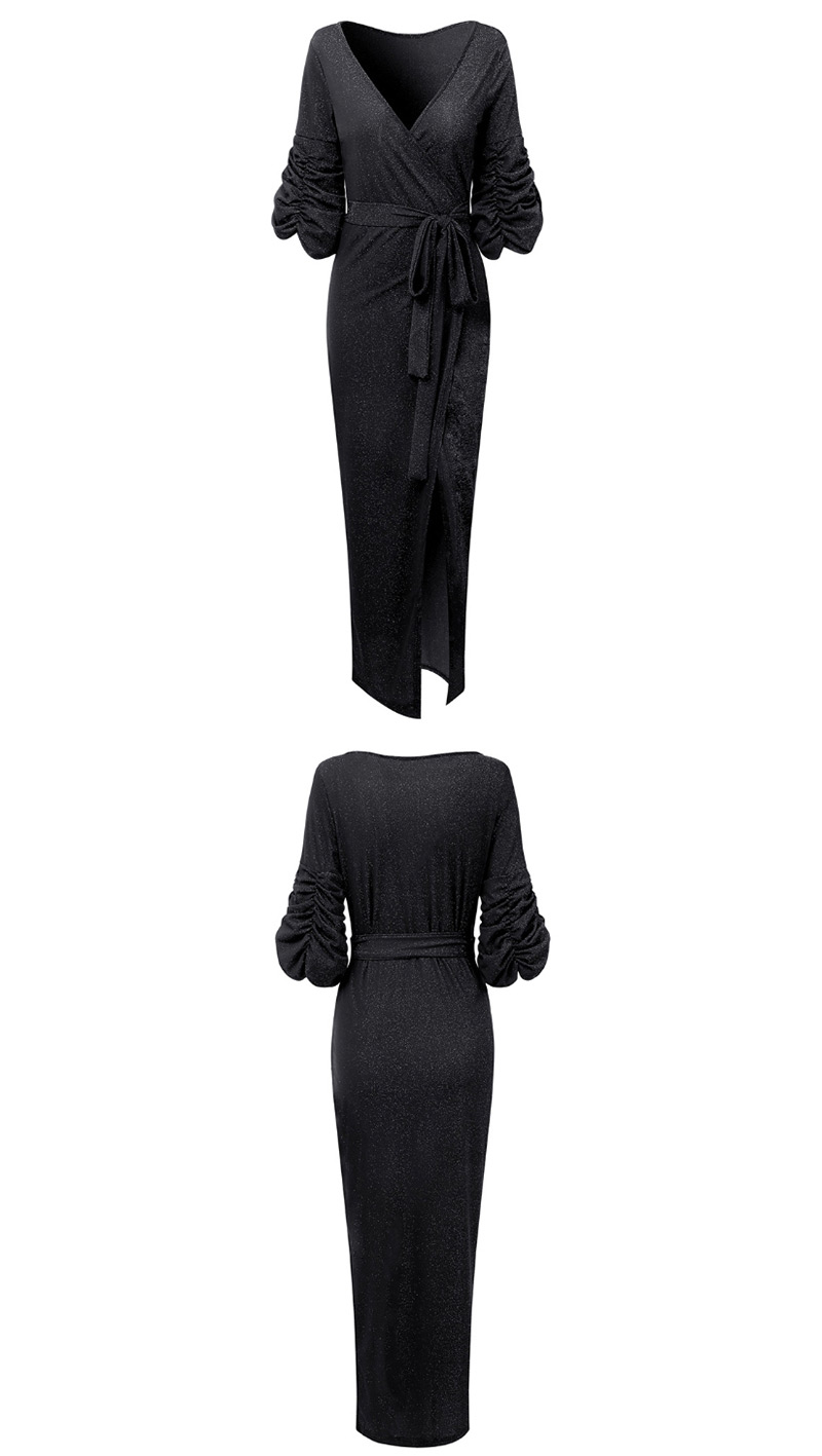 Fashion Black Lace-up V-neck One-shoulder Wrapped Chest Dress,Long Dress