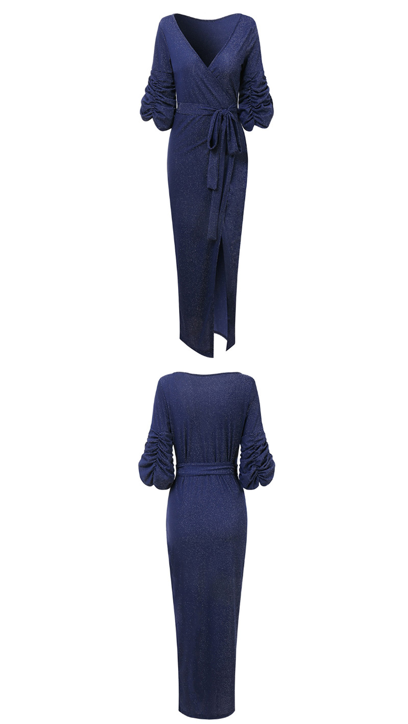 Fashion Dark Blue Lace-up V-neck One-shoulder Wrapped Chest Dress,Long Dress