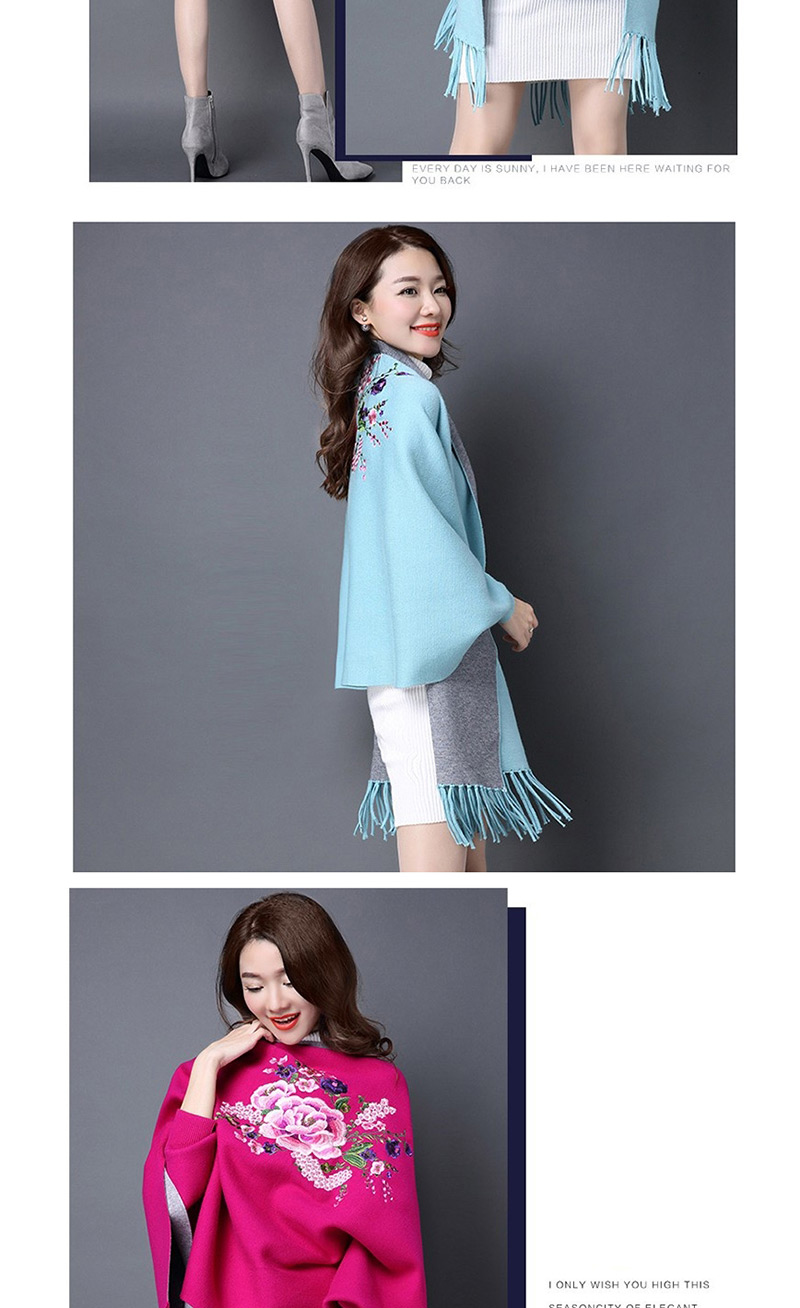 Fashion Sky Blue Cashmere Double-sided Embroidery Can Be Worn With Sleeves Tassel Scarf Shawl Cloak,knitting Wool Scaves