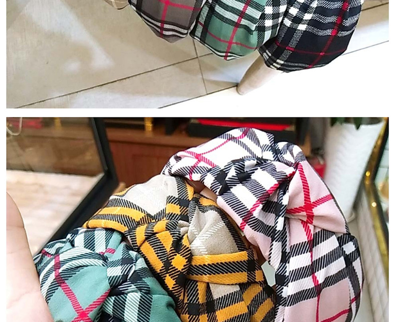 Fashion Green Plaid Knotted Headband Plaid Knotted Fabric Bow Hairpin Wide-brimmed Headband,Head Band
