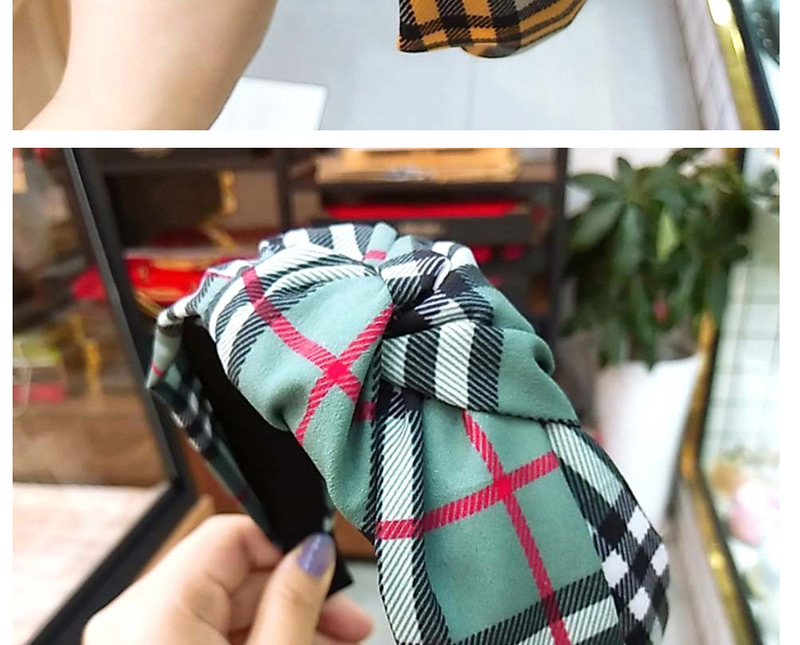 Fashion Green Plaid Knotted Headband Plaid Knotted Fabric Bow Hairpin Wide-brimmed Headband,Head Band