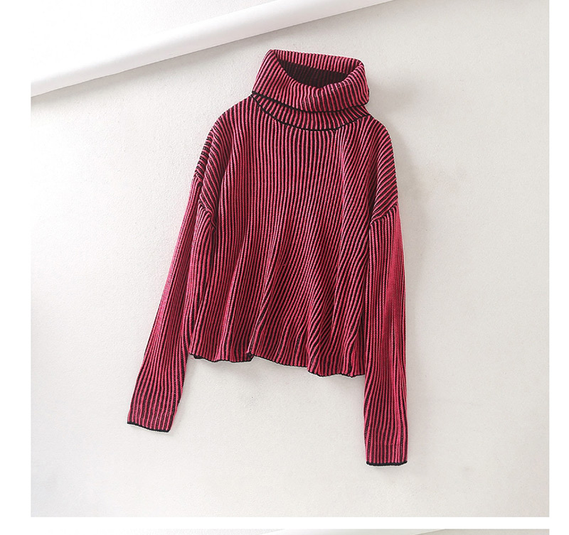 Fashion Rose Red Profiled Lapel Fluorescent Striped Turtleneck Knit Sweater,Sweater