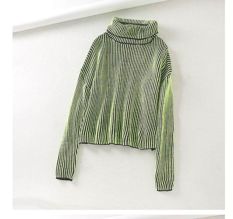 Fashion Fluorescent Green Profiled Lapel Fluorescent Striped Turtleneck Knit Sweater,Sweater