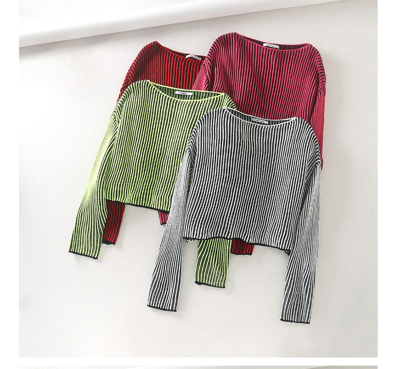 Fashion Fluorescent Green One-neck Striped Knit Sweater,Sweater